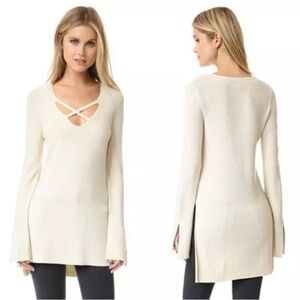 Free People Cream Crisscross Split Hem Long Sleeve Sweater Tunic Top Womens XS